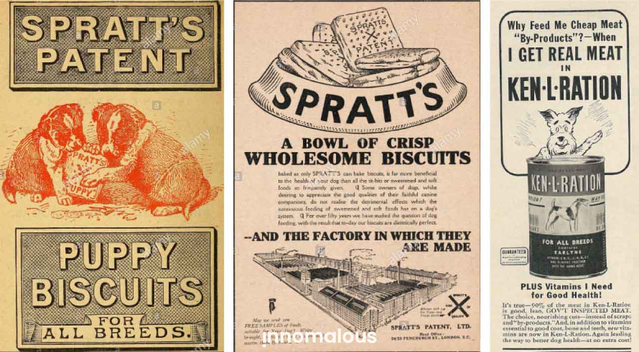 Early Pet Food Advertisements - Spratt's Patent, Ken-L Ration  - Pet Foods 101 and Fundamentals of Pet Nutrition, Product Types, Processing, Pricing Segments and Emerging Trends for Pet Food Business Owners - Innomalous Pet Food Manufacturer India
